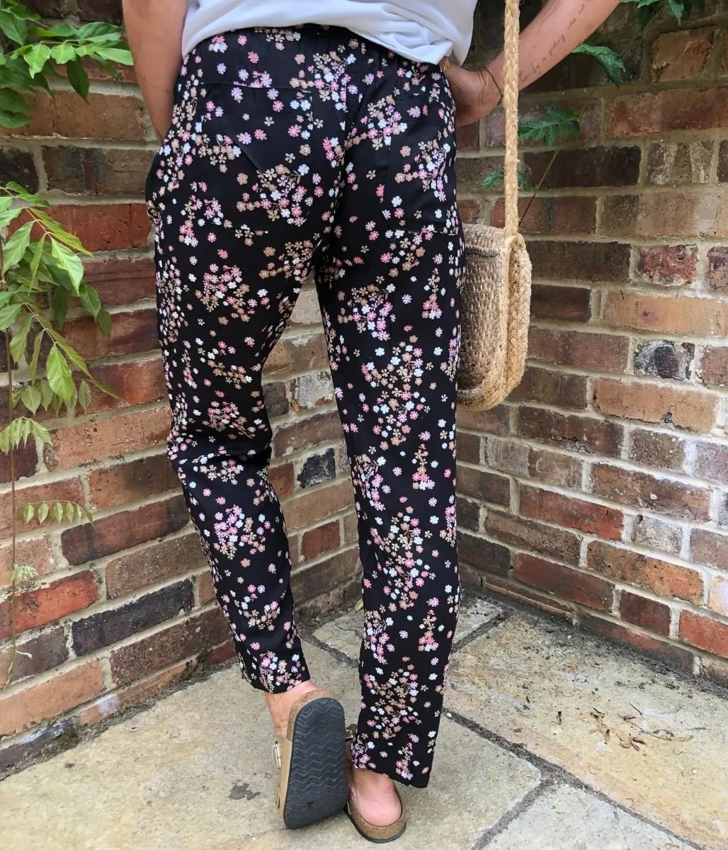 Black Flower Print Linen Blend Trousers