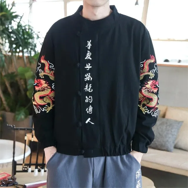 Chinese Calligraph And Dragon Embroidery Design Men Jacket