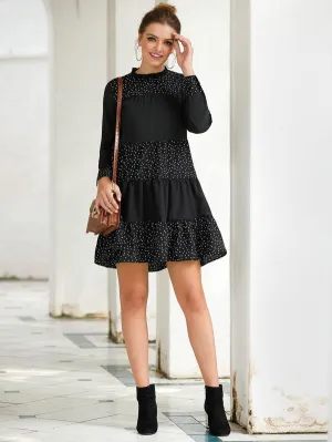 Contrast Polka Dot Frill Mock Neck Babydoll Dress