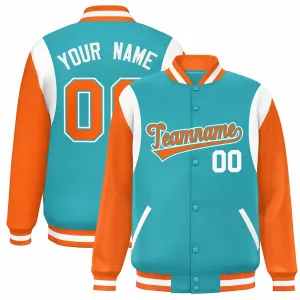 Custom Aqua Orange-White Color Block Bomber Varsity Full-Snap Baseball Jacket