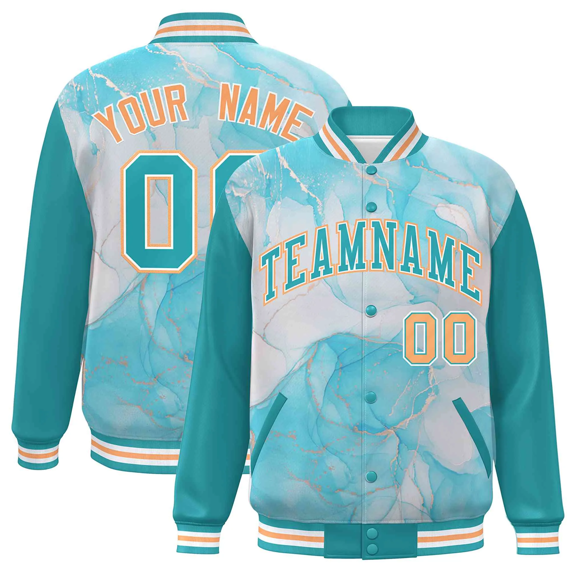 Custom Aqua Orange-White Tie Dye Ink Paint Varsity Graffiti Pattern Letterman Jacket