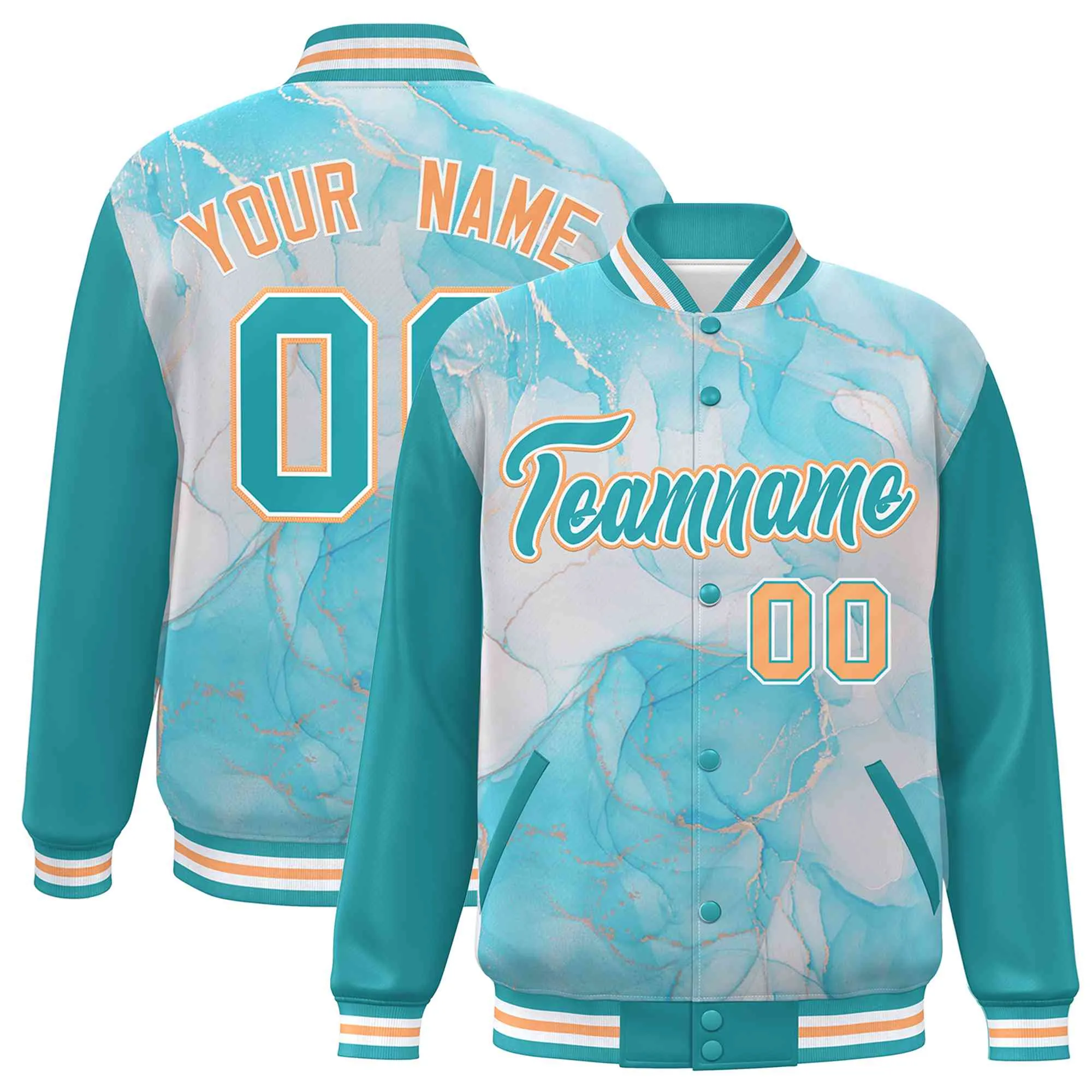 Custom Aqua Orange-White Tie Dye Ink Paint Varsity Graffiti Pattern Letterman Jacket