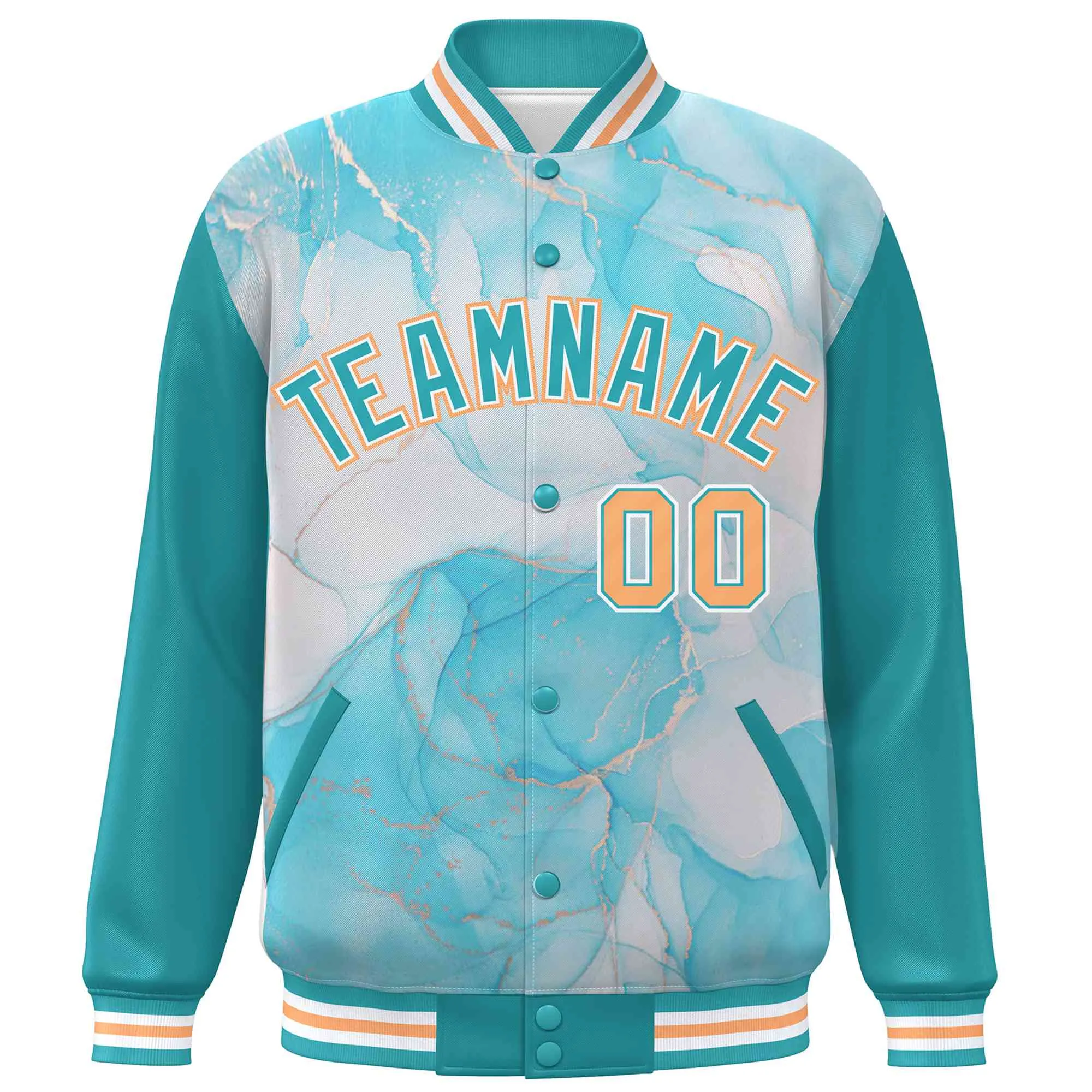 Custom Aqua Orange-White Tie Dye Ink Paint Varsity Graffiti Pattern Letterman Jacket