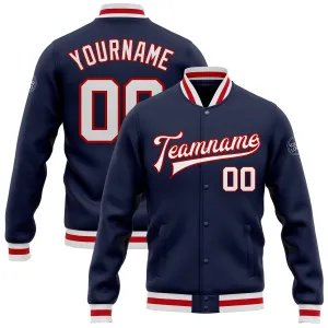 Custom Navy White-Red Bomber Full-Snap Varsity Letterman Jacket