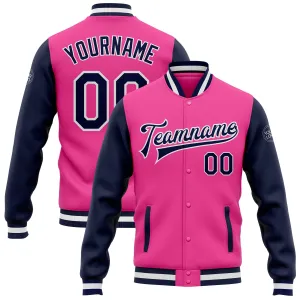 Custom Pink Navy-White Bomber Full-Snap Varsity Letterman Two Tone Jacket