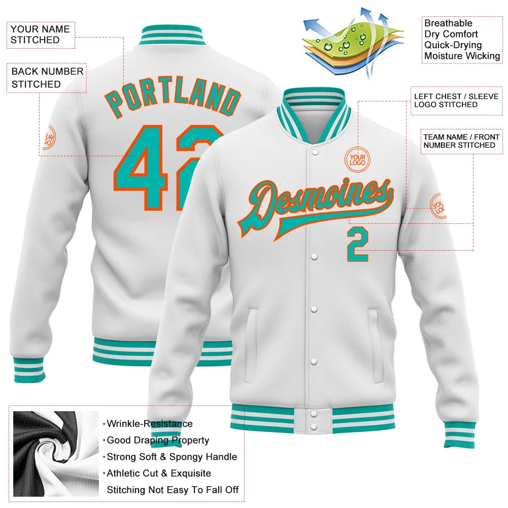 Custom White Aqua-Orange Bomber Full-Snap Varsity Letterman Jacket