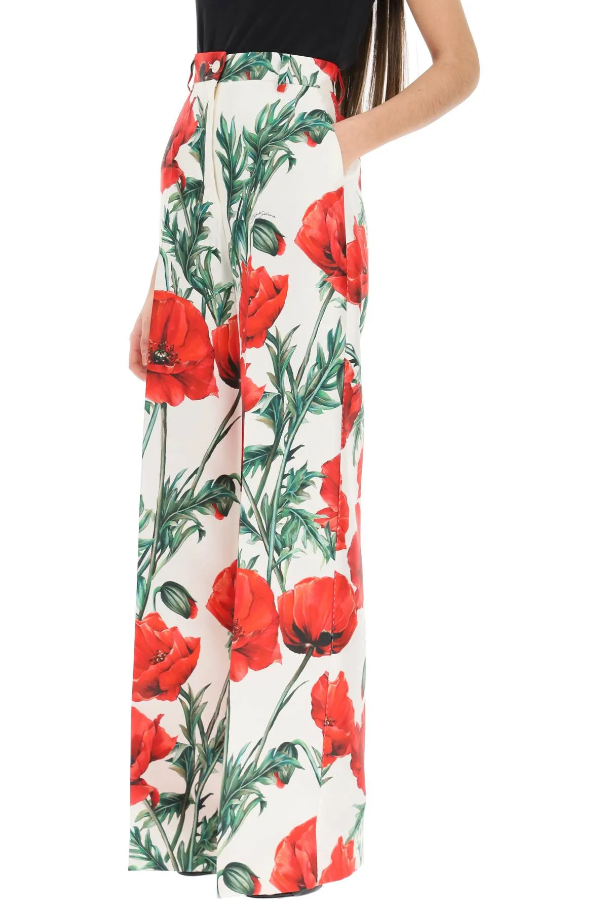 Dolce & gabbana wide leg poppy print shantung trousers