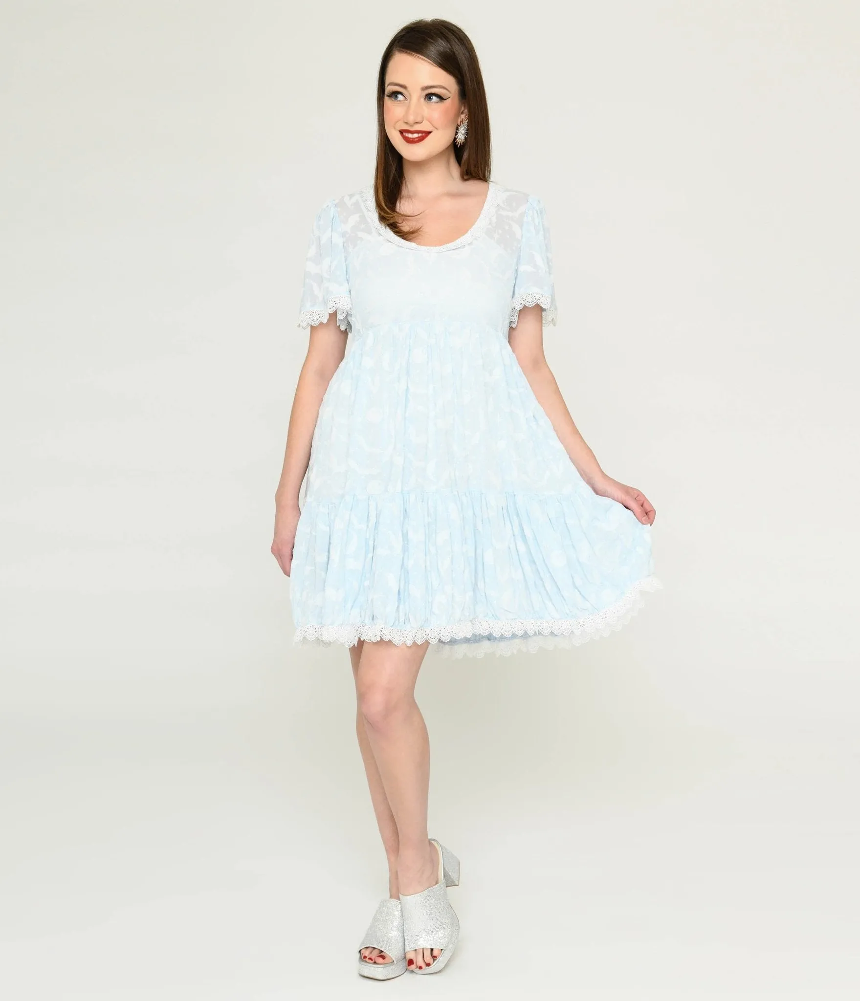 Ice Blue Bat & Moon Flocked Babydoll Dress