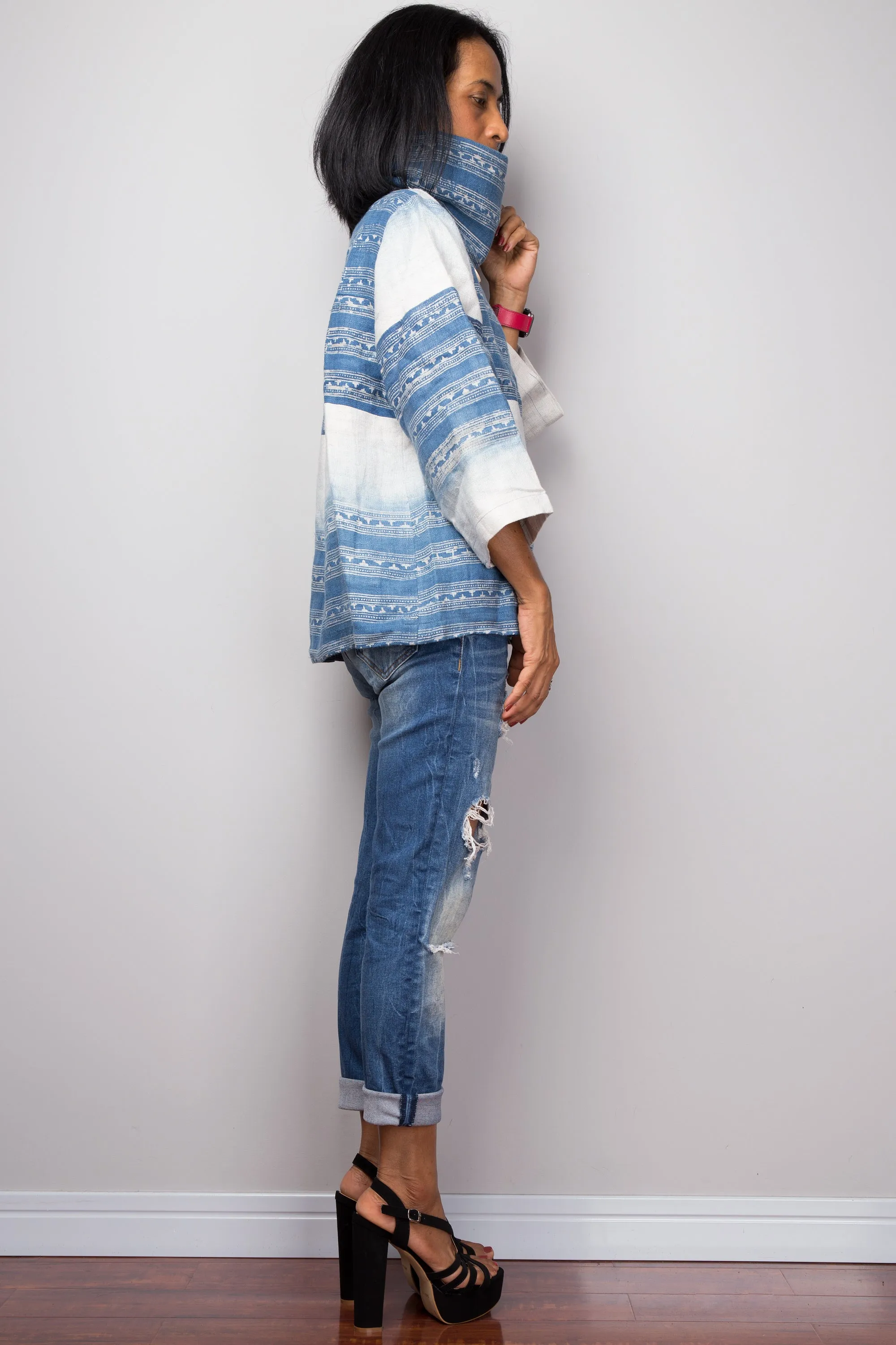 Indigo Hemp jacket | Hand drawn batik jacket | Hill tribe fabric tunic top