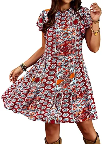 KIRUNDO 2023 Summer Women's Boho Tribal Print Mini Dress Casual Loose Short Sleeve Round Neck Shift Dresses(Boho-Wine Red, Medium)