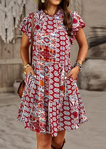 KIRUNDO 2023 Summer Women's Boho Tribal Print Mini Dress Casual Loose Short Sleeve Round Neck Shift Dresses(Boho-Wine Red, Medium)