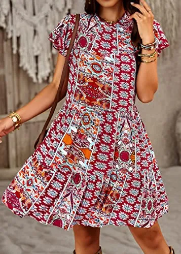 KIRUNDO 2023 Summer Women's Boho Tribal Print Mini Dress Casual Loose Short Sleeve Round Neck Shift Dresses(Boho-Wine Red, Medium)