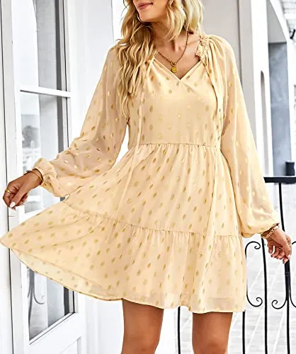 KIRUNDO Women's 2023 Spring Summer Long Sleeve V Neck Ruffle Polka Dot Mini Dress Casual Loose Tiered Swing Tunic Dress(Apricot, Medium)