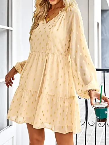 KIRUNDO Women's 2023 Spring Summer Long Sleeve V Neck Ruffle Polka Dot Mini Dress Casual Loose Tiered Swing Tunic Dress(Apricot, Medium)