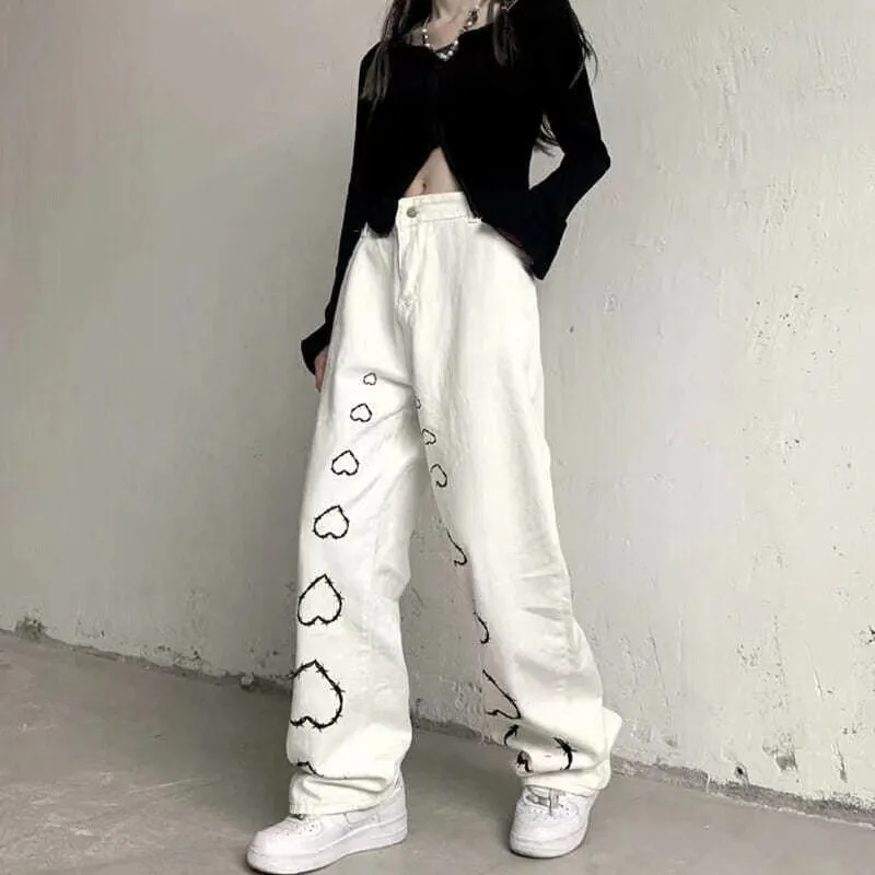 KittenAlarm - Mojoyce High Street Hot Girl Vintage Heart Print High Waist Straight Goth  Baggy Jeans Woman Y2K Clothes Wide Leg Denim Pants