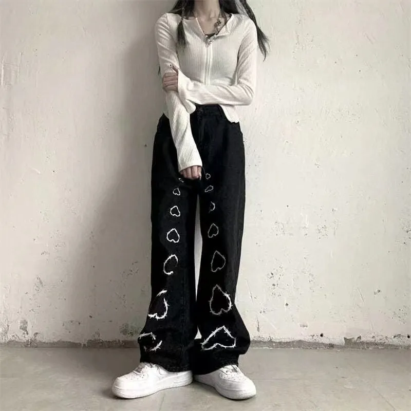 KittenAlarm - Mojoyce High Street Hot Girl Vintage Heart Print High Waist Straight Goth  Baggy Jeans Woman Y2K Clothes Wide Leg Denim Pants