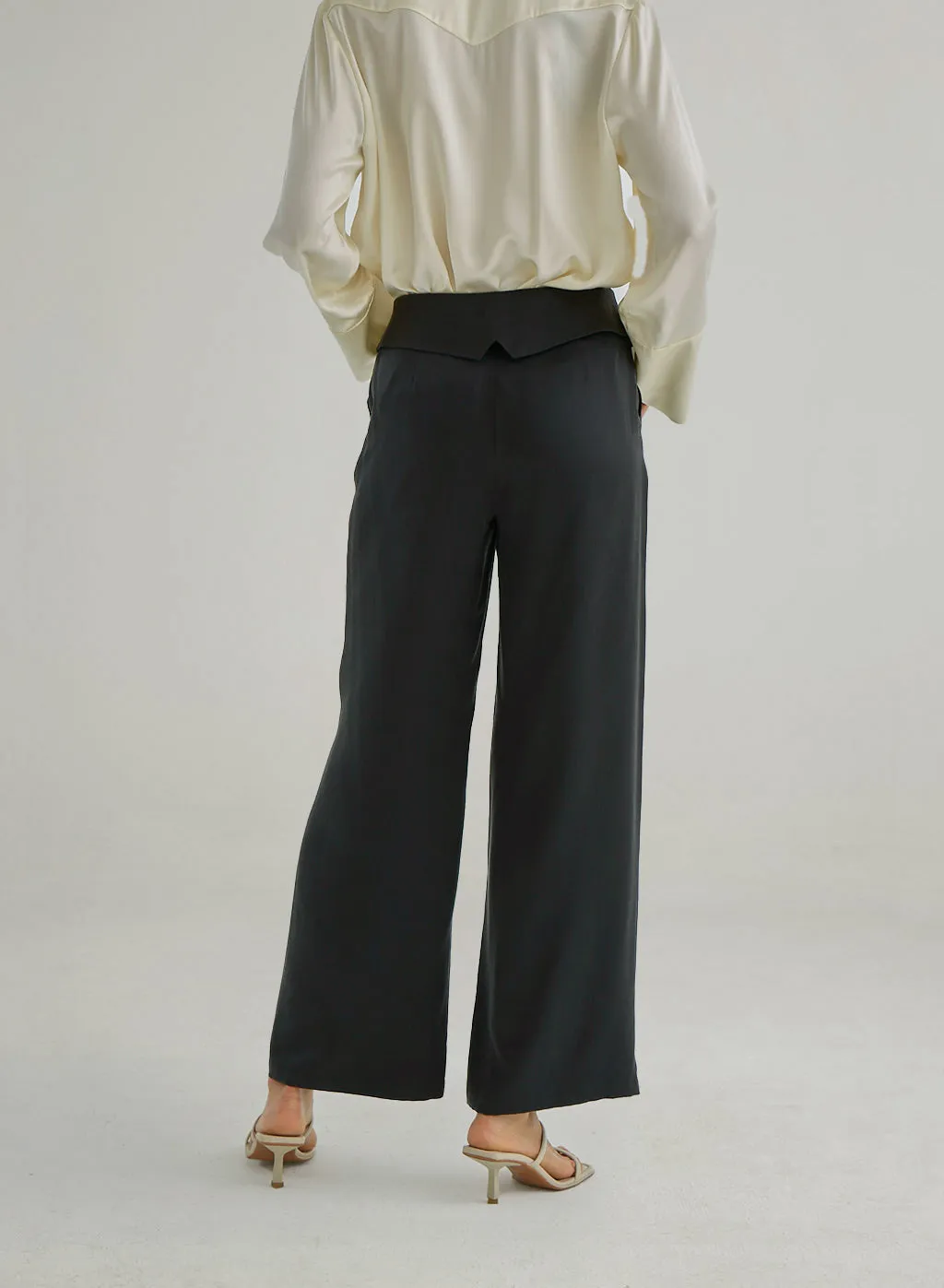 Lapel Waist Wide Leg Poly Parallel Trouser