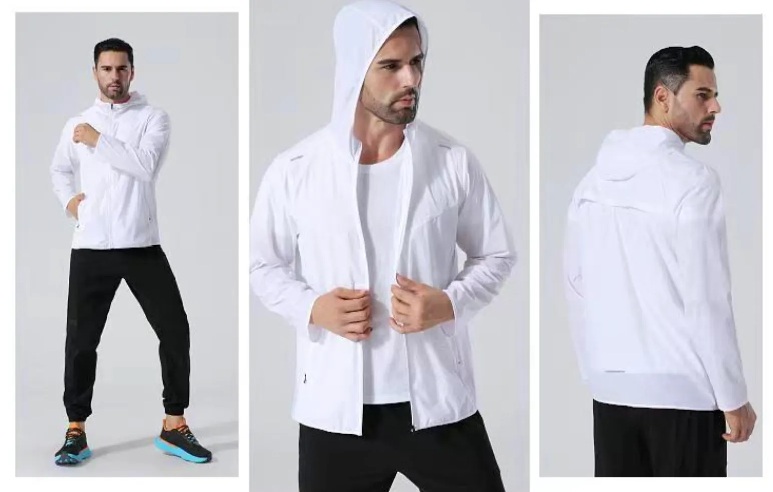 Men Premium Quality Reflective Stripe Sports Running Hooded Top Waterproof Outdoor Windrunner Gym Workout Jackets