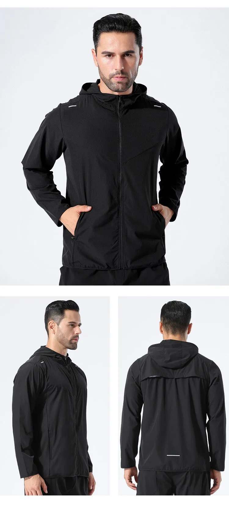 Men Premium Quality Reflective Stripe Sports Running Hooded Top Waterproof Outdoor Windrunner Gym Workout Jackets