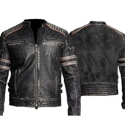 Mens Biker Vintage Black Leather Retro Distressed Jacket