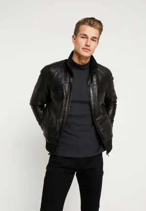 Men’s Black Leather Bomber Jacket