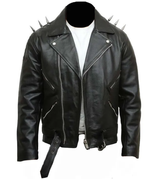 Men's Classic Leather Biker Jacket Black Studs on Shoulders