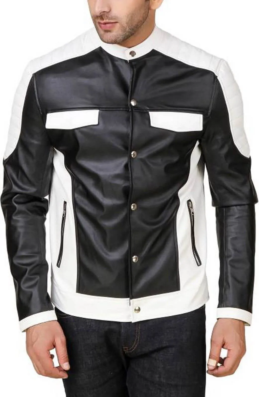 New Handmade Genuine Lambskin Leather Jacket,Black White Biker Motorcycle jacket