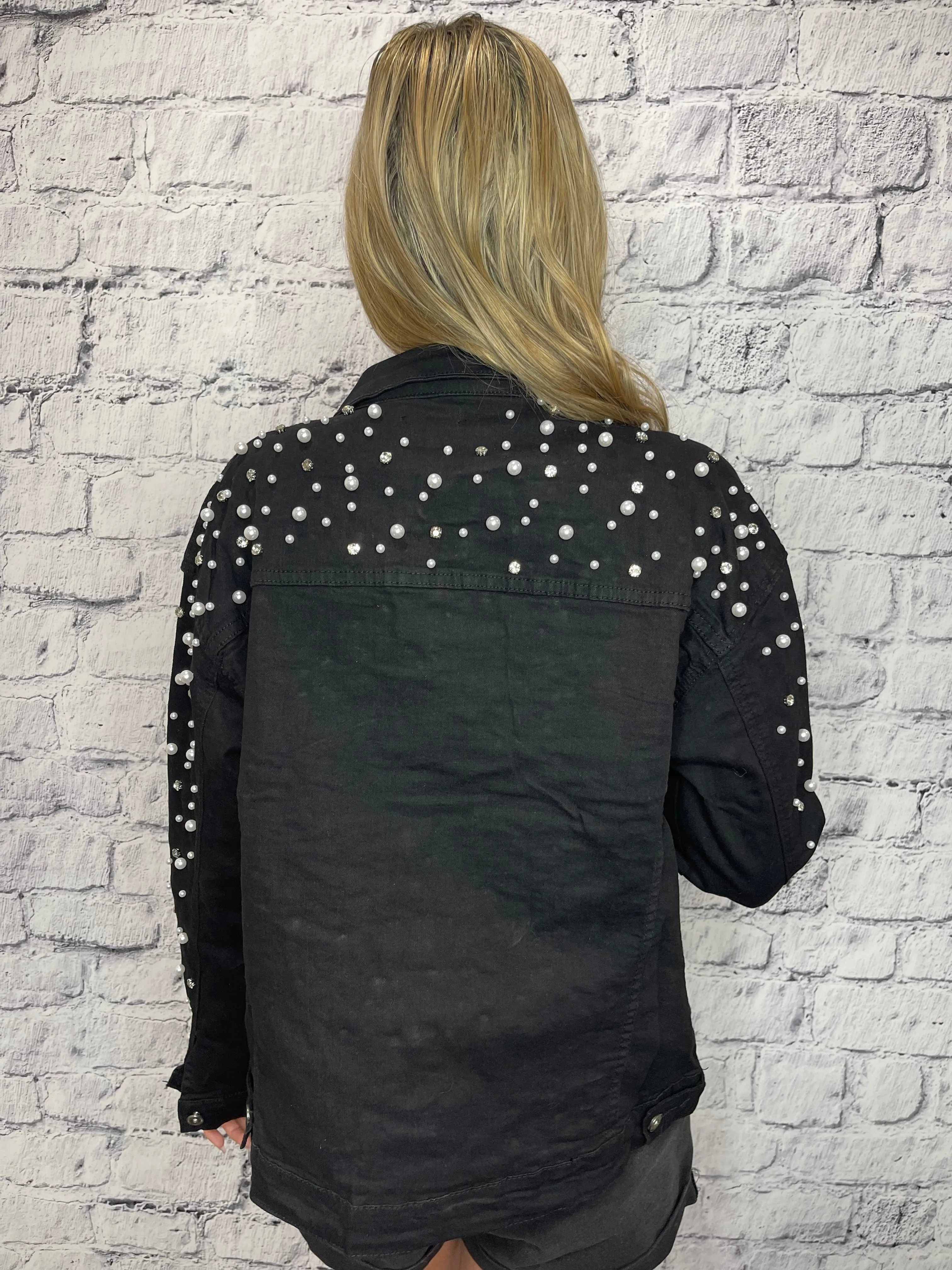 Pretty As A Pearl Rhinestone Pearl Denim Jacket - Black