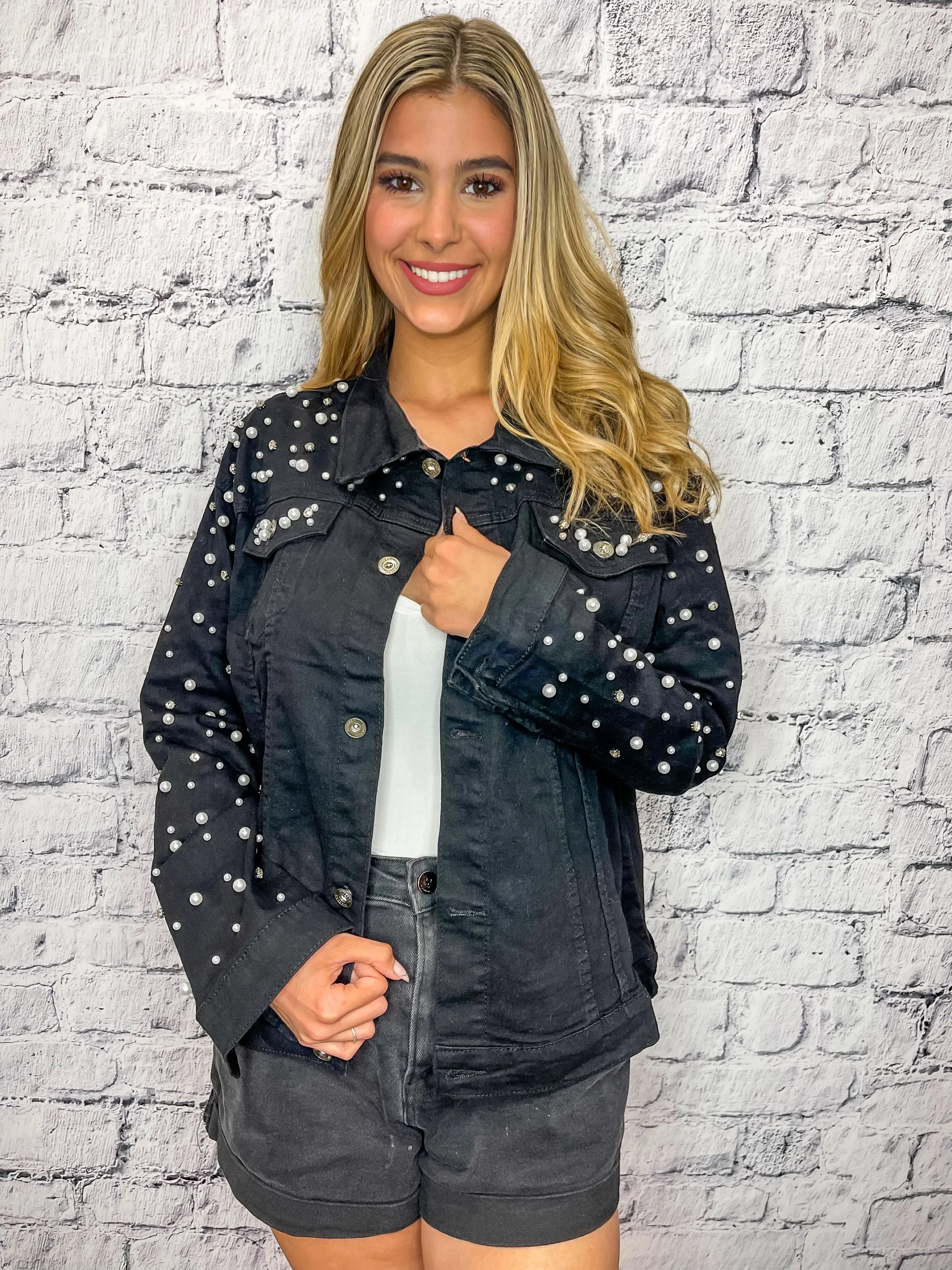 Pretty As A Pearl Rhinestone Pearl Denim Jacket - Black