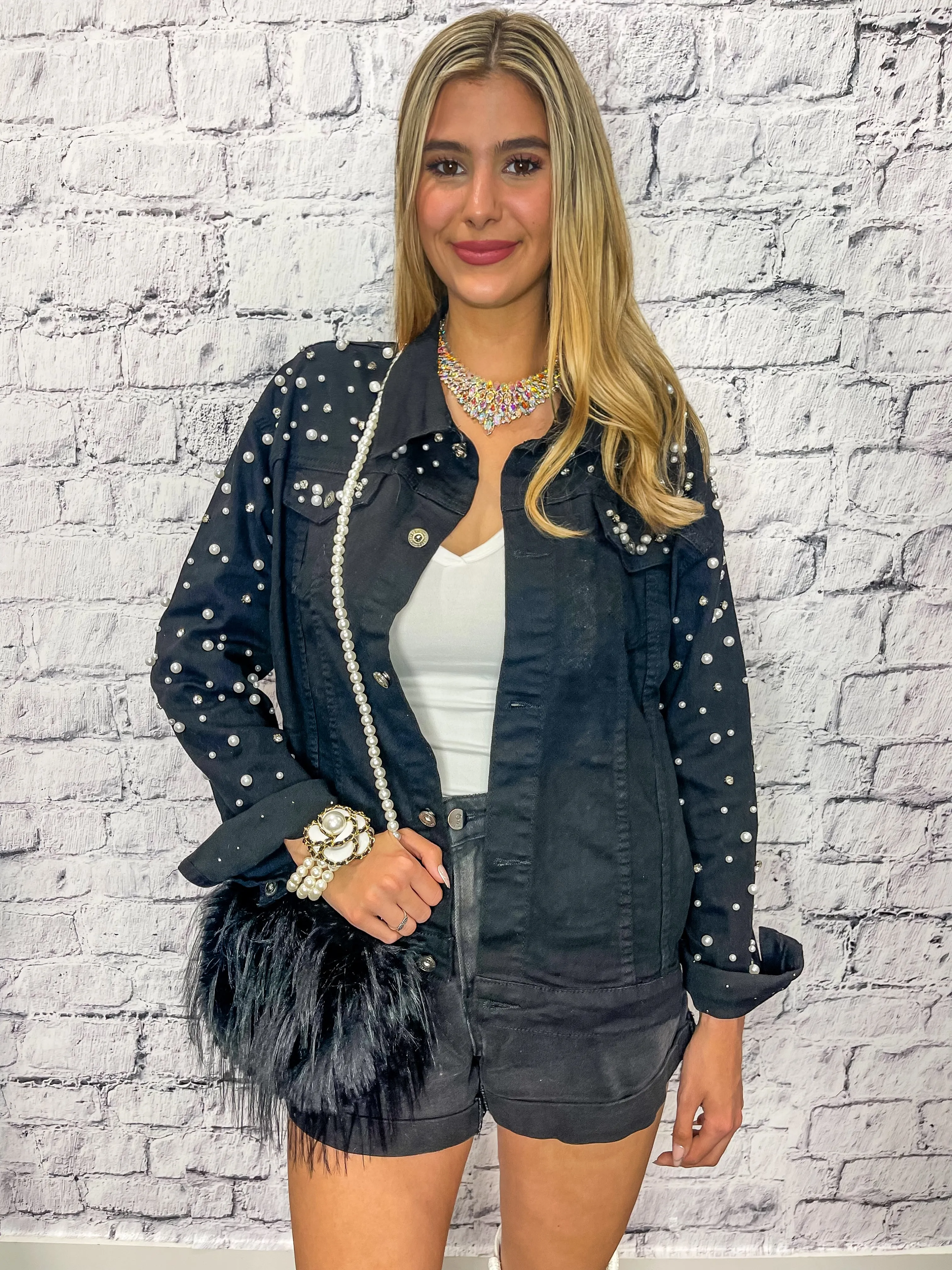 Pretty As A Pearl Rhinestone Pearl Denim Jacket - Black