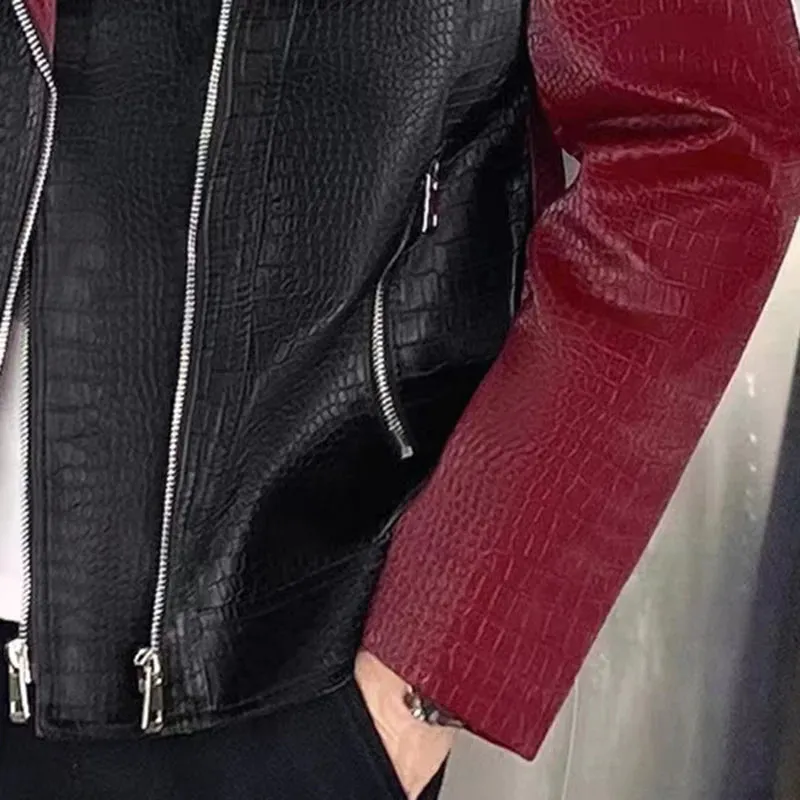 Red Black Faux Leather Zipper Jacket