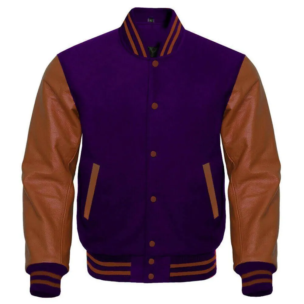 Regal Purple and Brown Leather Varsity Jacket with Customizable Logos