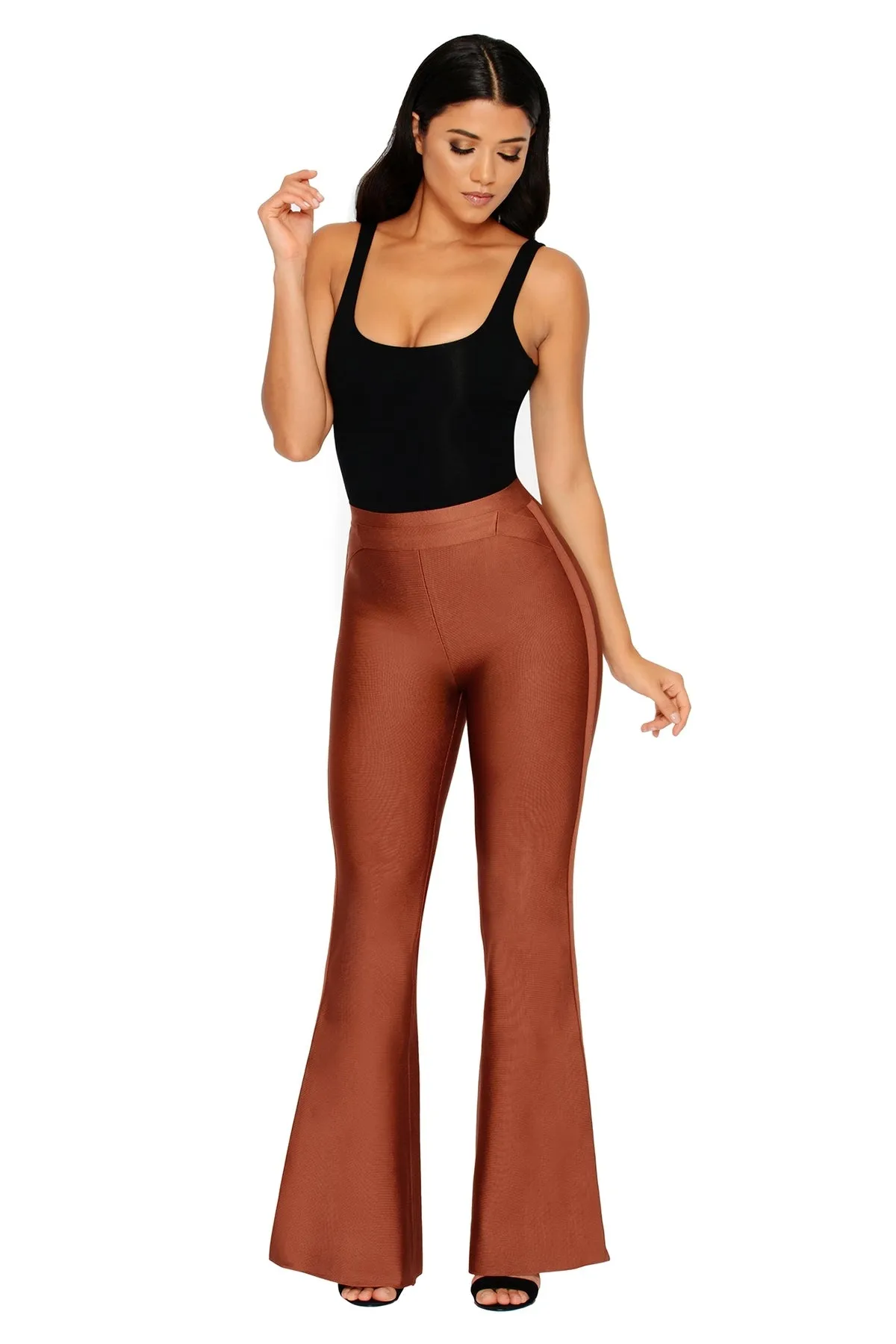 She Who Flares Wins Bandage Flare Trousers in Brown