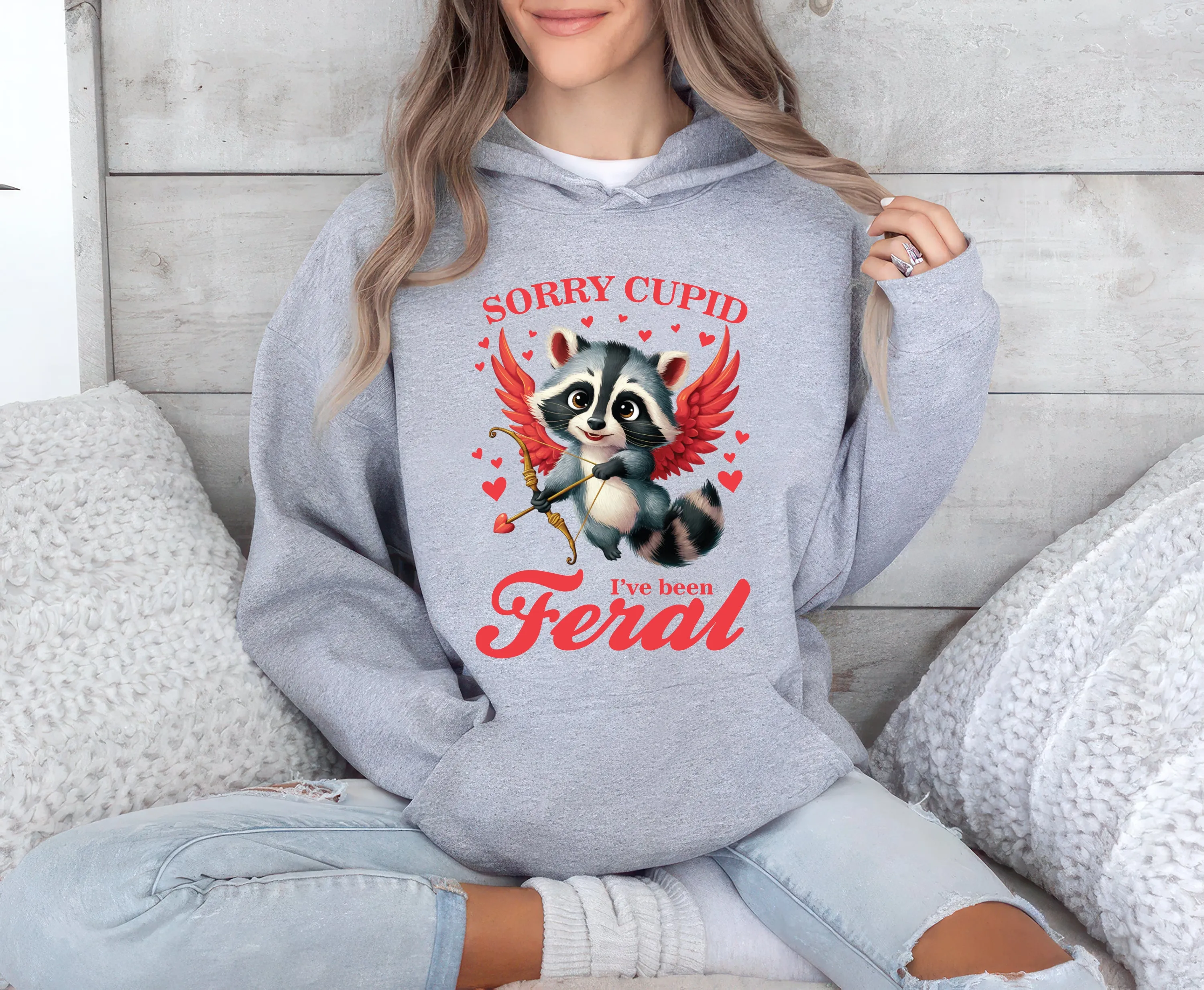 Sorry Cupid I've Been Feral Hoodie, Raccoon Valentine Pullover Hoodie