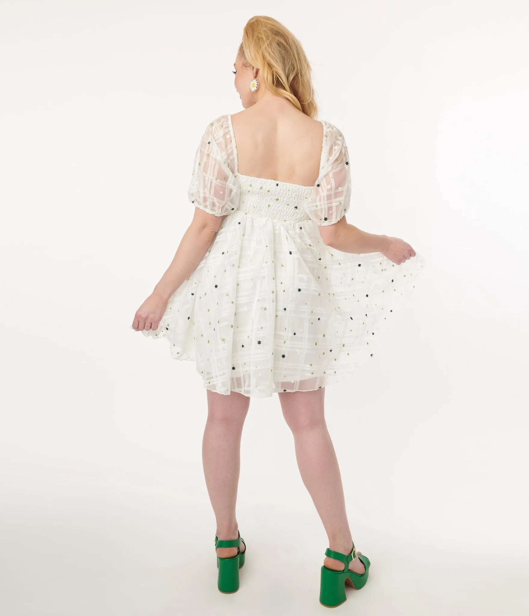 White & Green Floral Babydoll Dress