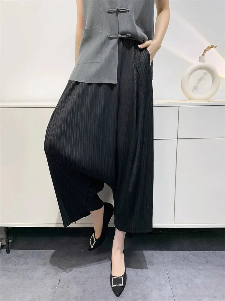 Women Pleated High Waist Wide Leg Harem Trousers