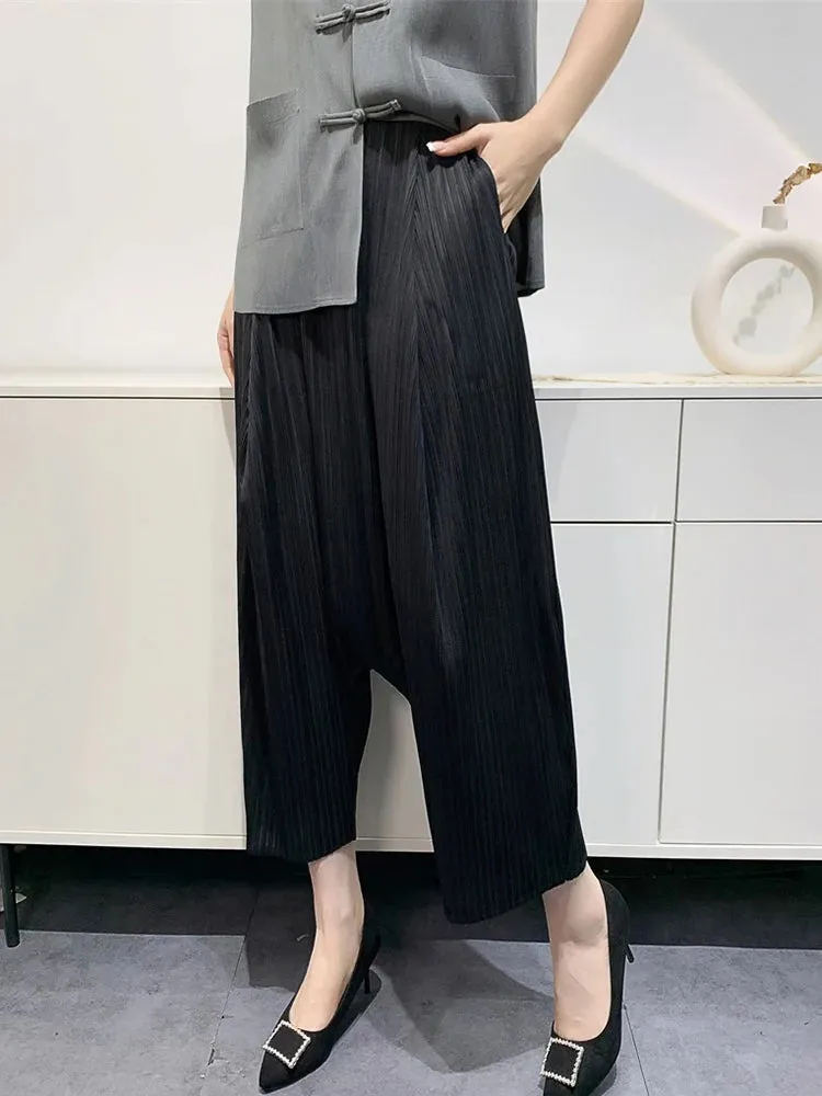 Women Pleated High Waist Wide Leg Harem Trousers