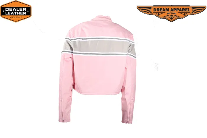 Women's Light Pink Lightweight Racer Style Textile Jacket W/ Thick White Stripe