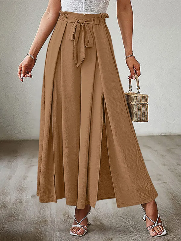 Women's Loose High Waist Pleated Wide Leg Trousers With Bow Belt