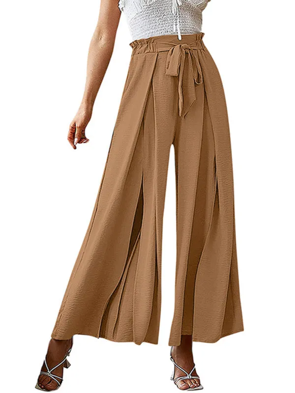 Women's Loose High Waist Pleated Wide Leg Trousers With Bow Belt