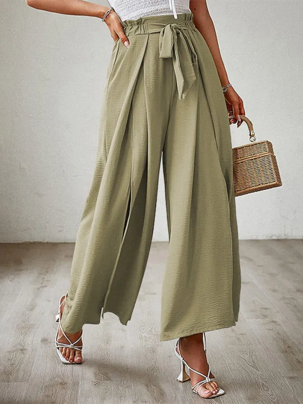 Women's Loose High Waist Pleated Wide Leg Trousers With Bow Belt