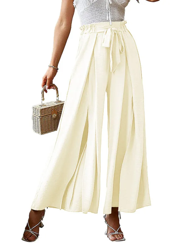 Women's Loose High Waist Pleated Wide Leg Trousers With Bow Belt