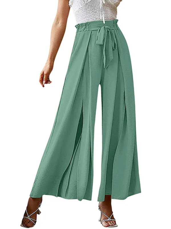 Women's Loose High Waist Pleated Wide Leg Trousers With Bow Belt