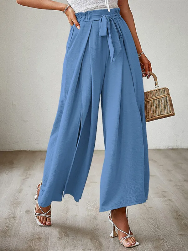 Women's Loose High Waist Pleated Wide Leg Trousers With Bow Belt