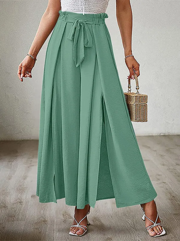 Women's Loose High Waist Pleated Wide Leg Trousers With Bow Belt