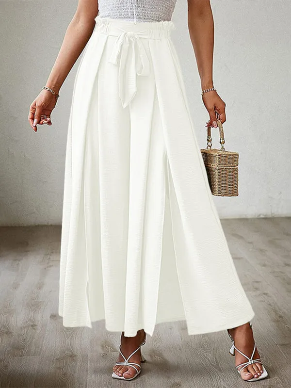 Women's Loose High Waist Pleated Wide Leg Trousers With Bow Belt