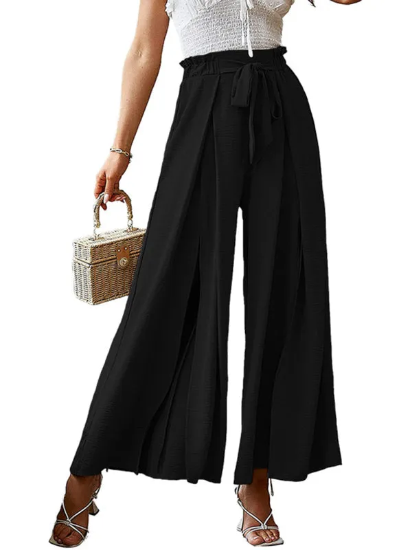 Women's Loose High Waist Pleated Wide Leg Trousers With Bow Belt