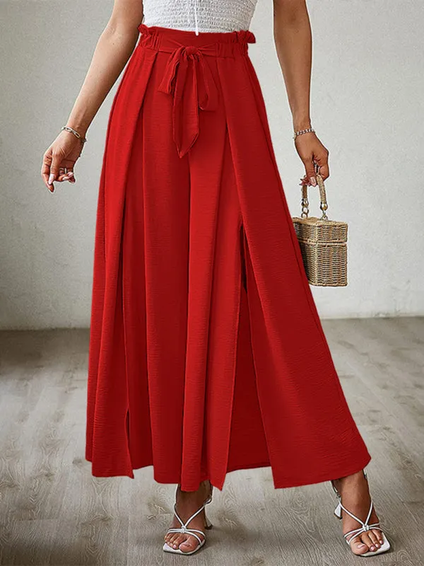 Women's Loose High Waist Pleated Wide Leg Trousers With Bow Belt