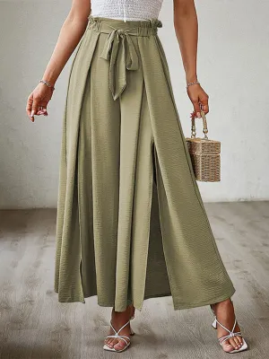 Women's Loose High Waist Pleated Wide Leg Trousers With Bow Belt