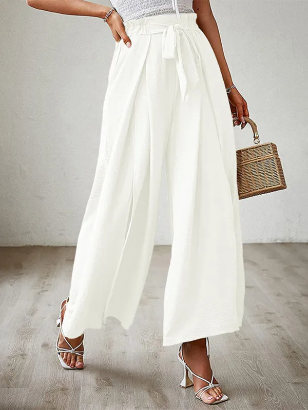 Women's Loose High Waist Pleated Wide Leg Trousers With Bow Belt